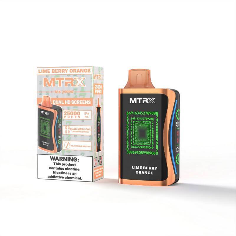 MTRX MX 25k Disposable Vape in Lime Berry Orange flavor with dual HD screens and packaging.