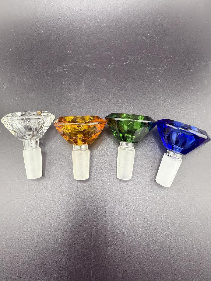 14mm diamond cut bowls in various colors: clear, amber, green, and blue, perfect for stylish smoking accessories.
