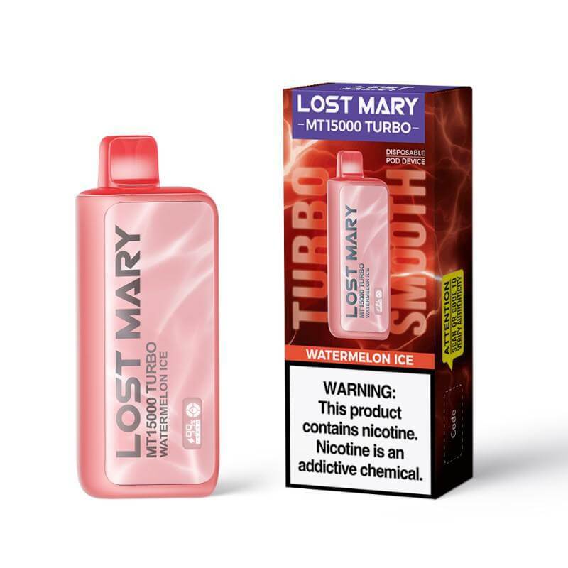 Lost Mary MT15000 Turbo Watermelon Ice vape, disposable nicotine device with smooth performance and color changing feature.