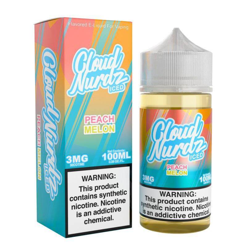 Cloud Nurdz Iced Peach Melon e-liquid 100ml with nicotine warning for vaping enthusiasts.