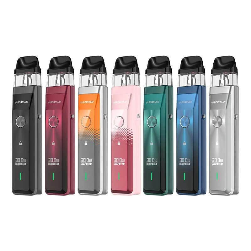 Vaporesso XROS Pro vape devices in various colors, showcasing adjustable power and advanced heating technology.