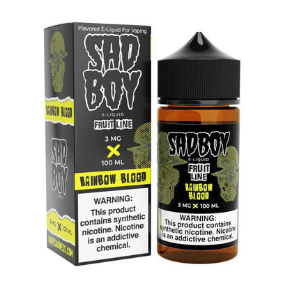 Sad Boy Rainbow Blood e-liquid bottle and box packaging, 100ml, designed for intense vaping satisfaction.