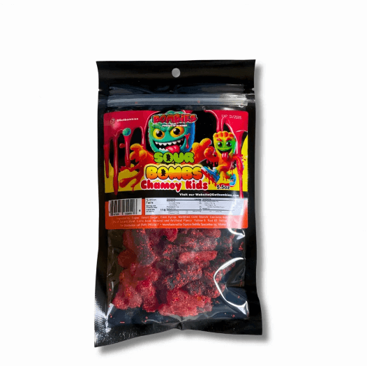 Bombies Chamoy Gummies pack featuring colorful sour gummies with chamoy coating for a bold, tangy flavor.
