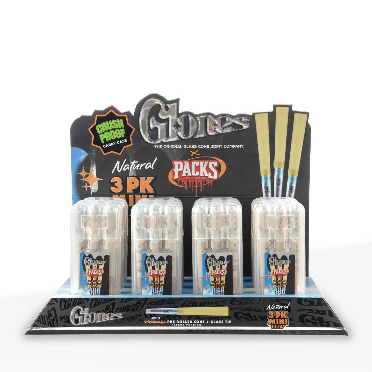 Glones x Packs Pre-Rolled Cones 1 1/4 Size with Glass Tips in Natural 3-pack display.