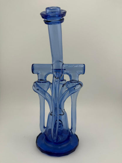 Domer Glass Double Drain Quad Uptake  W/ Bubble Dumper Blue Faceted 10mm Recycler