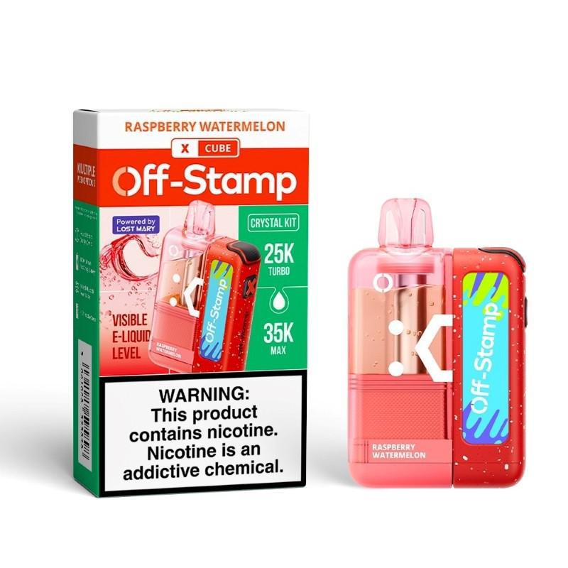 Off Stamp X-Cube  Crystal Kit 35k in Raspberry Watermelon flavor with visible e-liquid level.