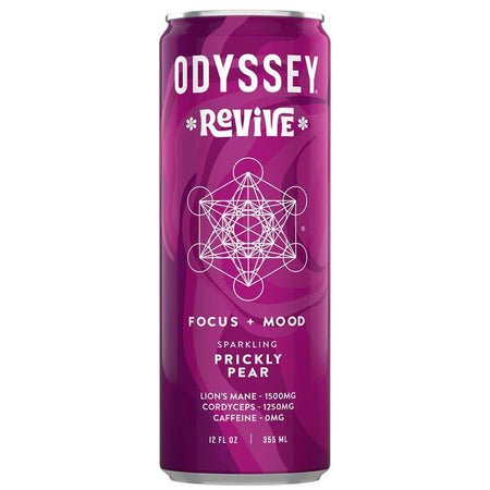 Odyssey Revive Prickly Pear sparkling mood drink with Lion's Mane and Cordyceps for hydration and focus.