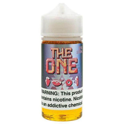 The One 100ml vape juice bottle featuring vibrant label and warning about nicotine content.