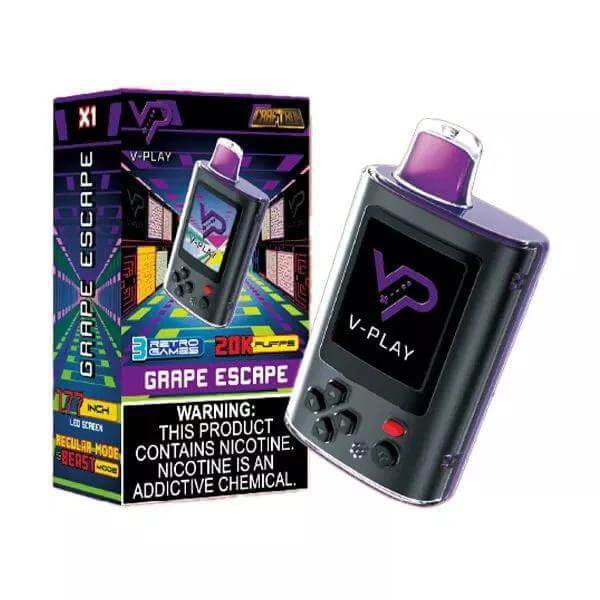 V Play Retro 20k Disposable Vape in Grape Escape flavor, featuring a sleek design and bold graphics, perfect for on-the-go vaping.
