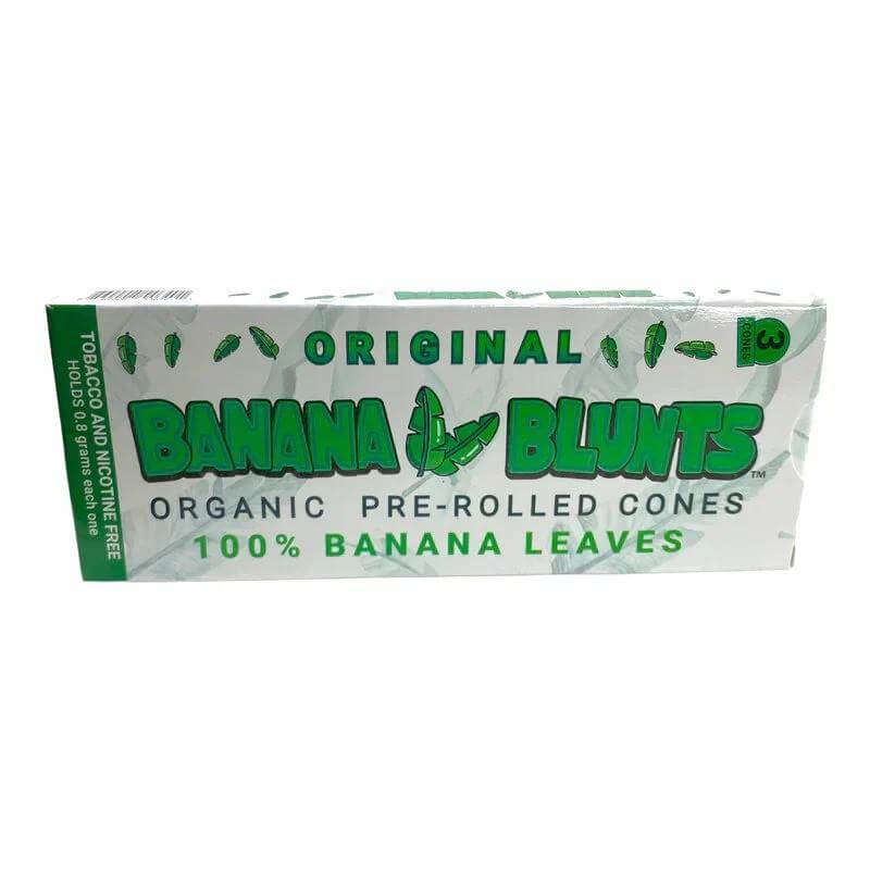 Banana Blunts Organic Pre-Rolled Cones pack featuring 100% banana leaves, tobacco-free, and eco-friendly, 3 cones included.