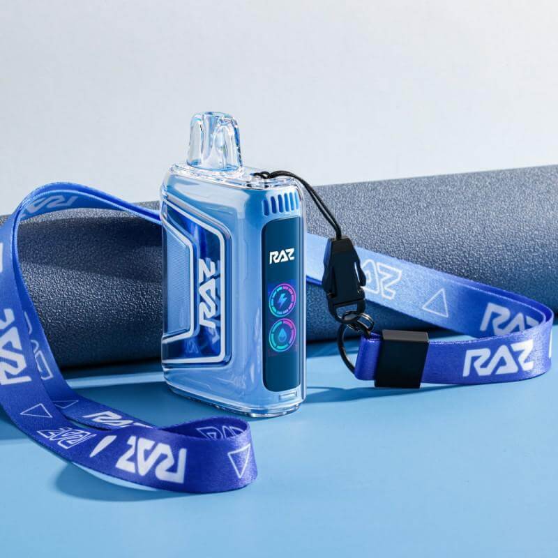 Raz TN9000 disposable vape with blue lanyard on a blue background, showcasing its modern design and features.