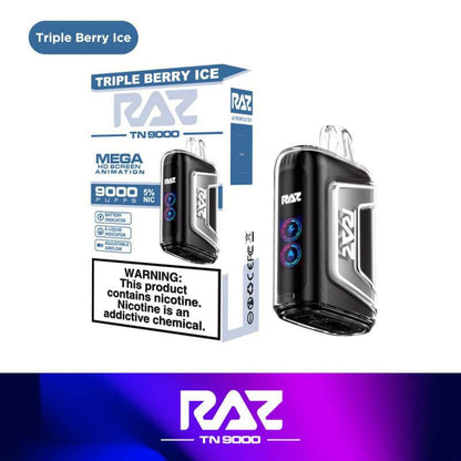 Raz TN9000 Triple Berry Ice disposable vape featuring 9000 puffs and 5% nicotine strength.