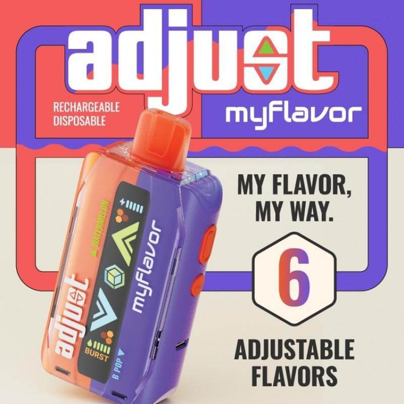 Adjust MyFlavor Disposable Nicotine Vape with 6 customizable flavors and rechargeable battery.