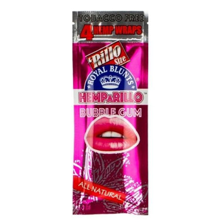 Royal Blunts Hemparillo 4pk Hemp Wraps in Bubble Gum flavor packaging, featuring vibrant pink design and tobacco-free label.