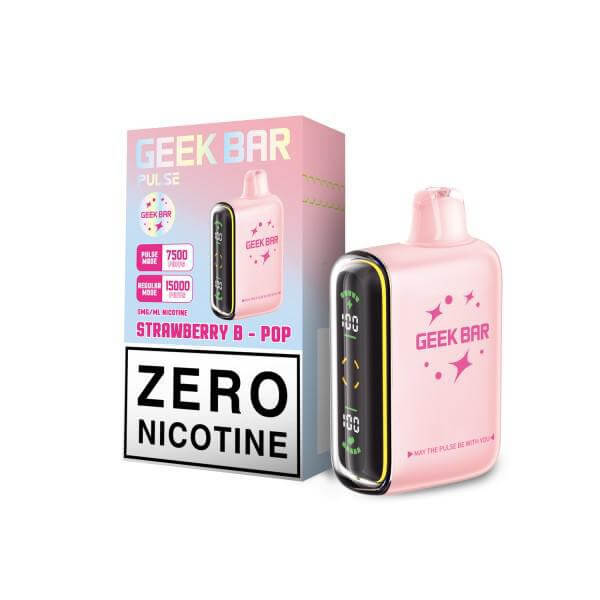 Geek Bar Pulse Disposable Vape with zero nicotine, featuring Strawberry B-Pop flavor and vibrant packaging.