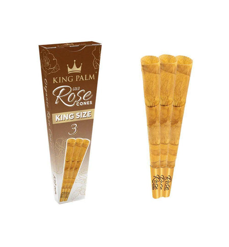 King Palm King Size rose petal cones in gold packaging, featuring three premium cones for a luxurious smoking experience.