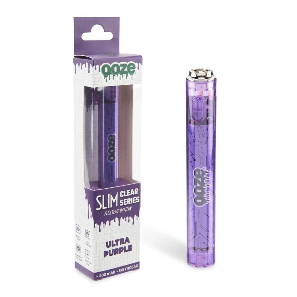 Ooze Slim Clear Series 510 vape battery in Ultra Purple packaging, showcasing retro design and advanced features.