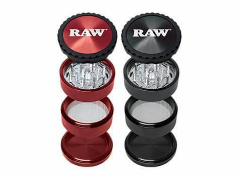 RAW Life Grinder in red and black, 3-piece design for easy cleaning and customizable grinding experience.