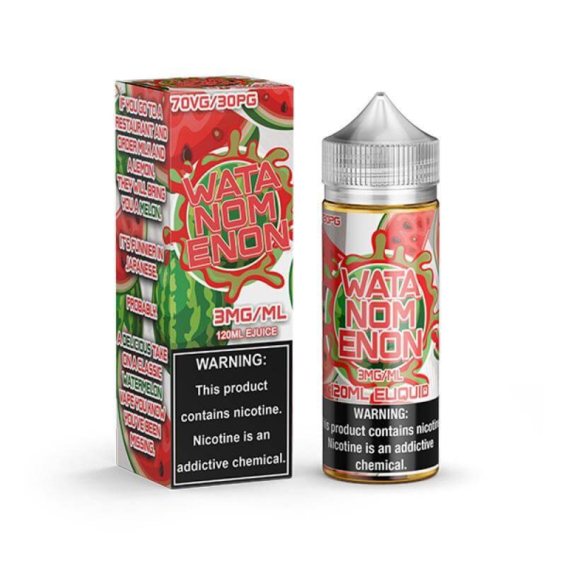 Wata Nom Enon 120ml e-liquid bottle and box, featuring a vibrant watermelon design, 3mg/ml nicotine.