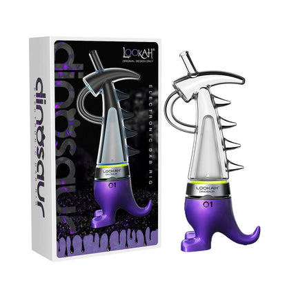 Lookah Dinosaur E-Rig in purple with packaging, showcasing its innovative electric dab rig design.