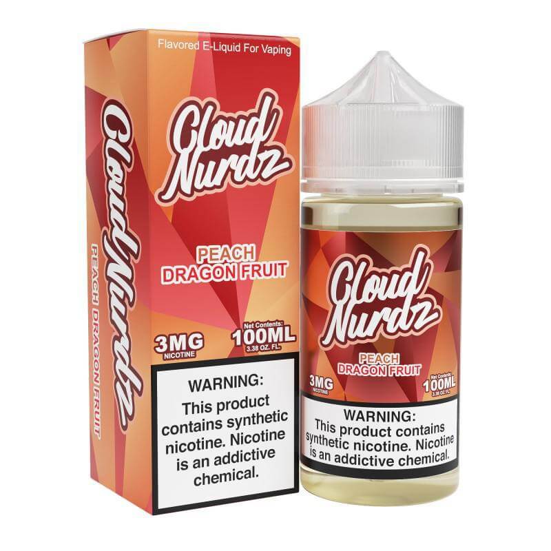 Cloud Nurdz 100ml e-liquid with Peach Dragon Fruit flavor, 3mg nicotine, in a vibrant package.