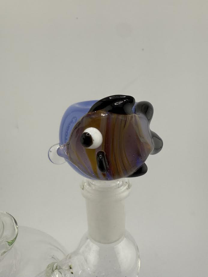 Handcrafted 14mm fish bowl slide by Lamp Dancer featuring vibrant colors and intricate fish design.