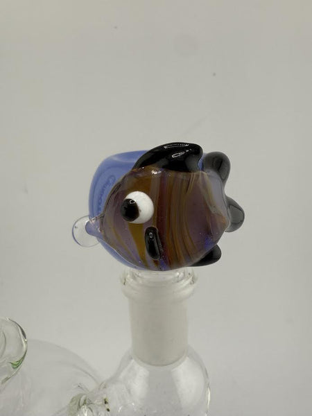 Handcrafted 14mm fish bowl slide by Lamp Dancer featuring vibrant colors and intricate fish design.