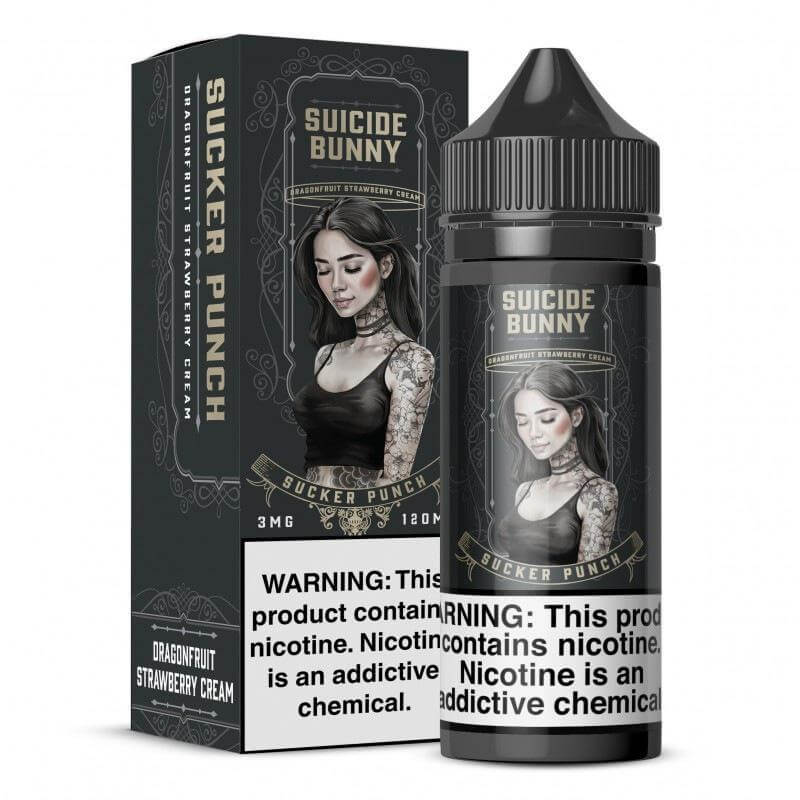 Suicide Bunny 120ml Sucker Punch E-liquid bottle with packaging, featuring strawberry and orange flavors.