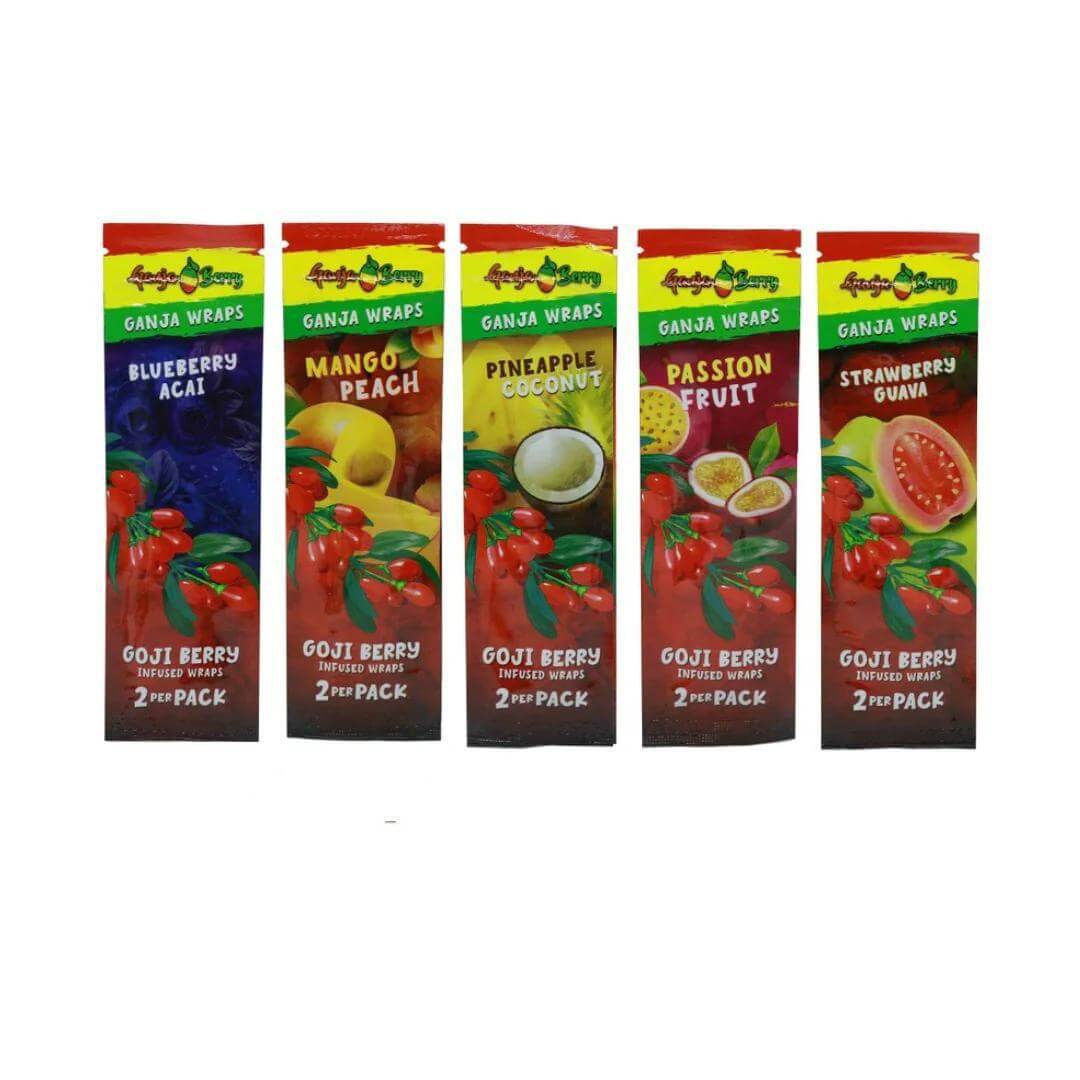 Ganja Berry Goji Berry Infused Wraps in five delicious flavors: Blueberry Acai, Mango Peach, Pineapple Coconut, Passion Fruit, Strawberry Guava.