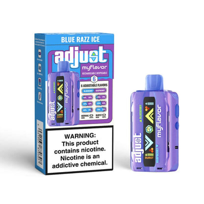 Adjust MyFlavor Disposable Nicotine Vape in Blue Razz Ice flavor with customizable settings and warning label.