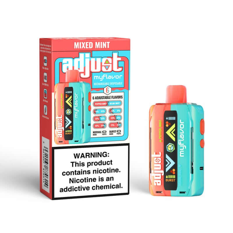 Adjust MyFlavor disposable nicotine vape in Mixed Mint flavor, featuring adjustable settings and a warning about nicotine.