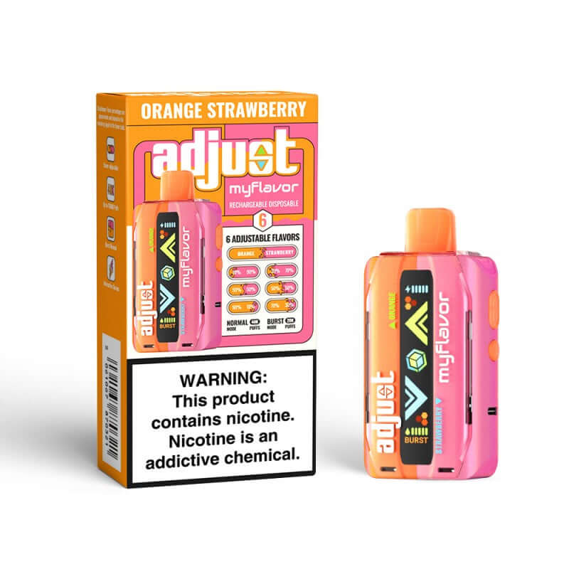 Adjust MyFlavor Disposable Nicotine Vape in orange strawberry flavor with customizable settings and warning label.