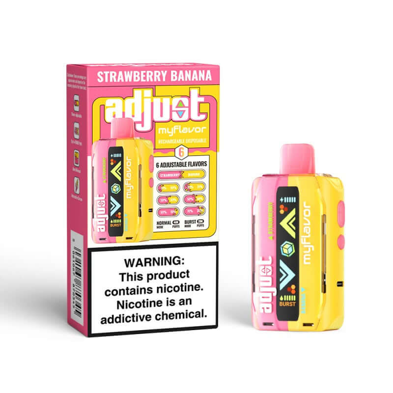 Adjust MyFlavor Disposable Nicotine Vape device with Strawberry Banana flavor, 5% nicotine, and adjustable settings.