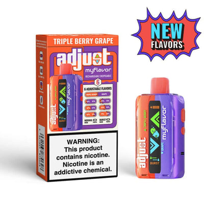 Adjust MyFlavor Disposable Nicotine Vape with Triple Berry Grape flavor and customizable settings.