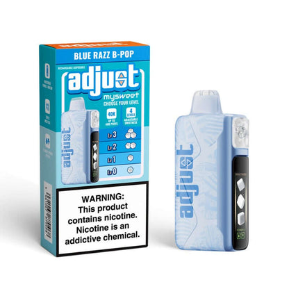 Adjust MySweet Blue Razz B-Pop disposable nicotine vape with customizable levels and warning label.