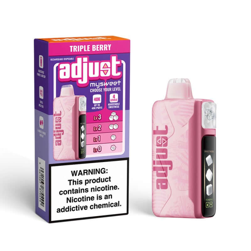 Adjust MySweet Disposable Vape in Triple Berry flavor with customizable settings and warning label about nicotine.