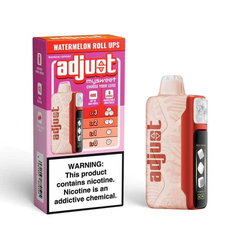 Adjust MySweet Disposable Nicotine Vape with Watermelon Roll Ups flavor packaging and warning label.