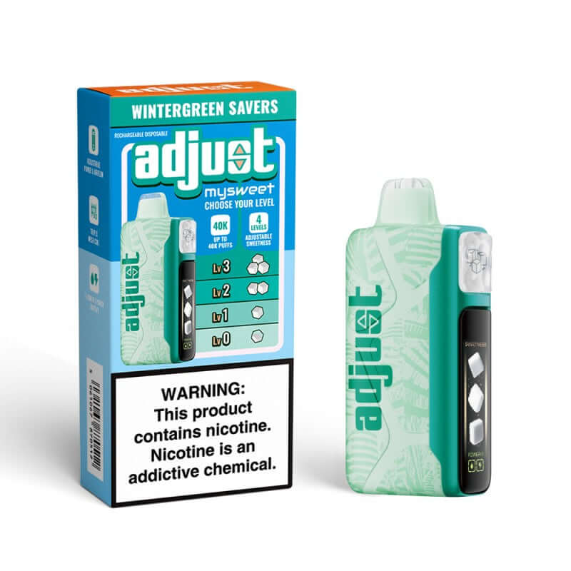Adjust MySweet Disposable Nicotine Vape with box, featuring customizable sweetness and nicotine strength options.