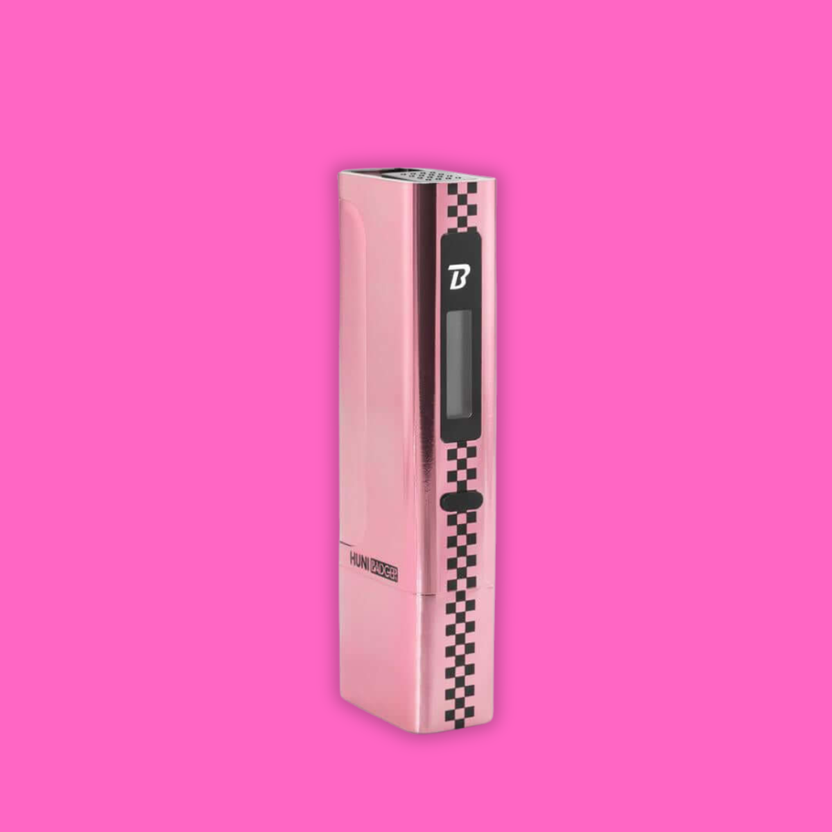 Huni Badger Portable Device Pro in pink with checkerboard design, perfect for consuming herbal extracts.