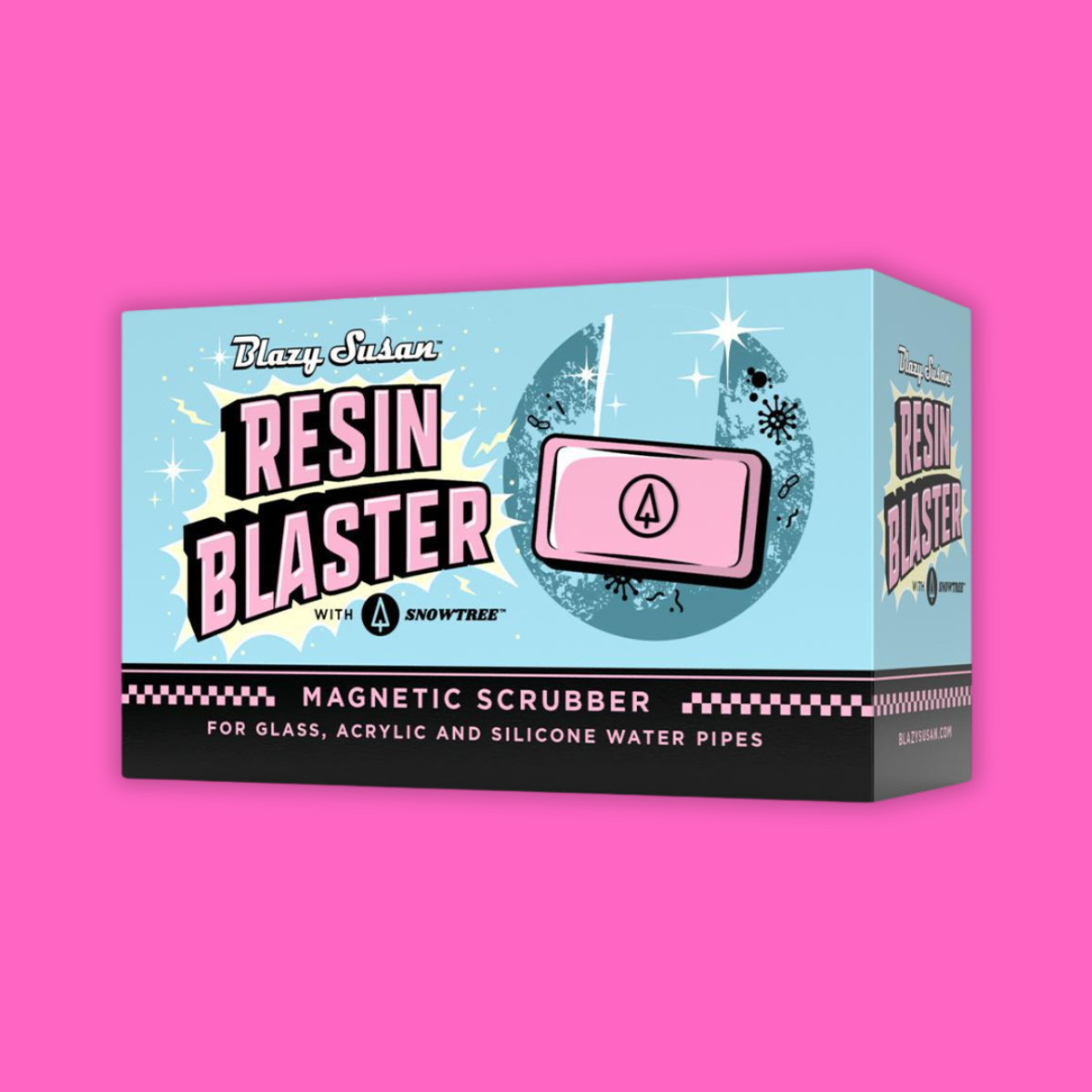 Blazy Susan Resin Blaster Magnetic Scrubber packaging for cleaning glass, acrylic, and silicone water pipes.