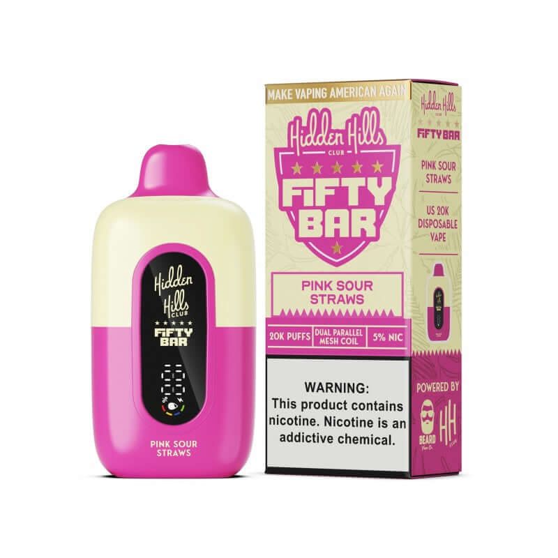 Hidden Hills Fifty Bar Pink Sour Straws disposable vape, 20K puffs, 5% nicotine strength, vibrant packaging.