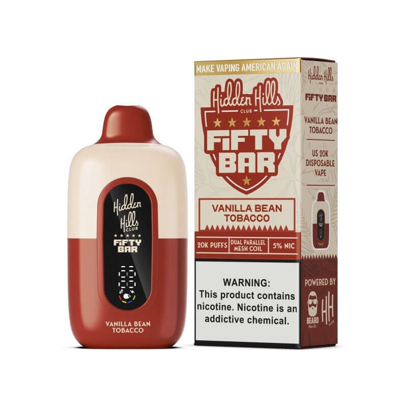 Hidden Hills x Fifty Bar Vanilla Bean Tobacco Disposable Vape 20K puffs with 5% nicotine strength.