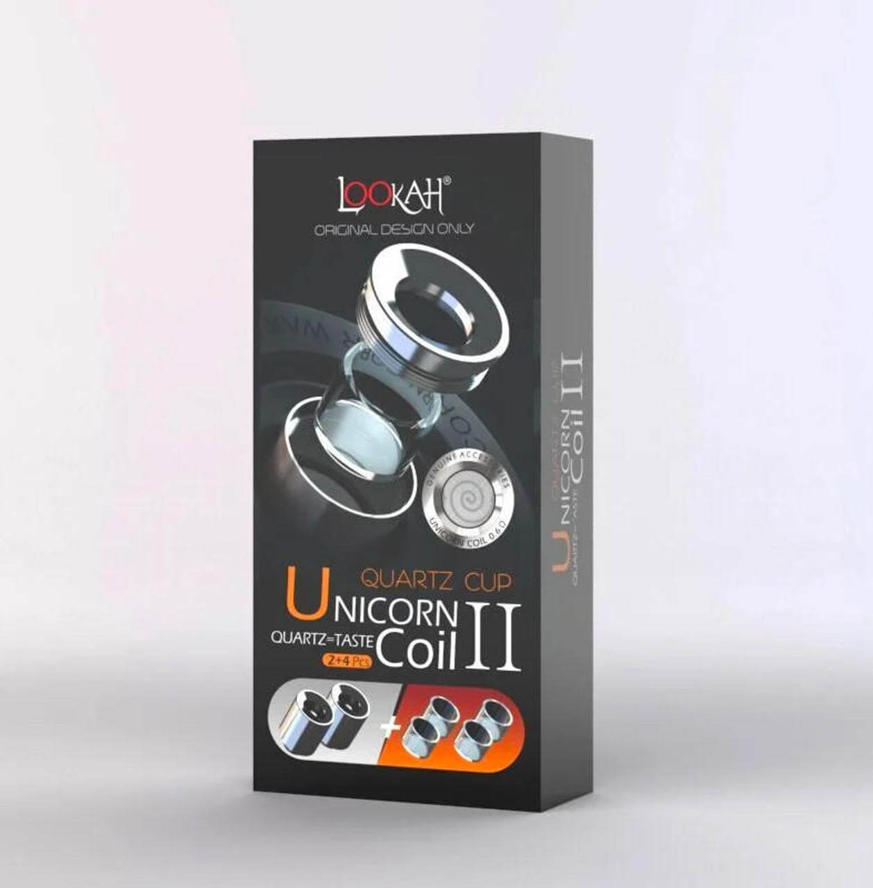 Lookah Unicorn Coils II packaging with quartz cup for optimal taste and performance.