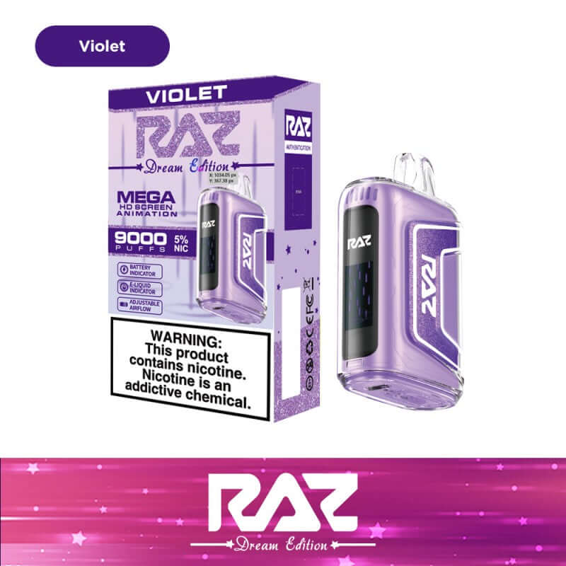 Raz TN9000 Violet Disposable Vape with 9000 puffs, 5% nicotine for smooth vaping experience.