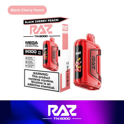 Raz TN9000 disposable vape in Black Cherry Peach flavor, offering 9000 puffs and 5% nicotine strength.