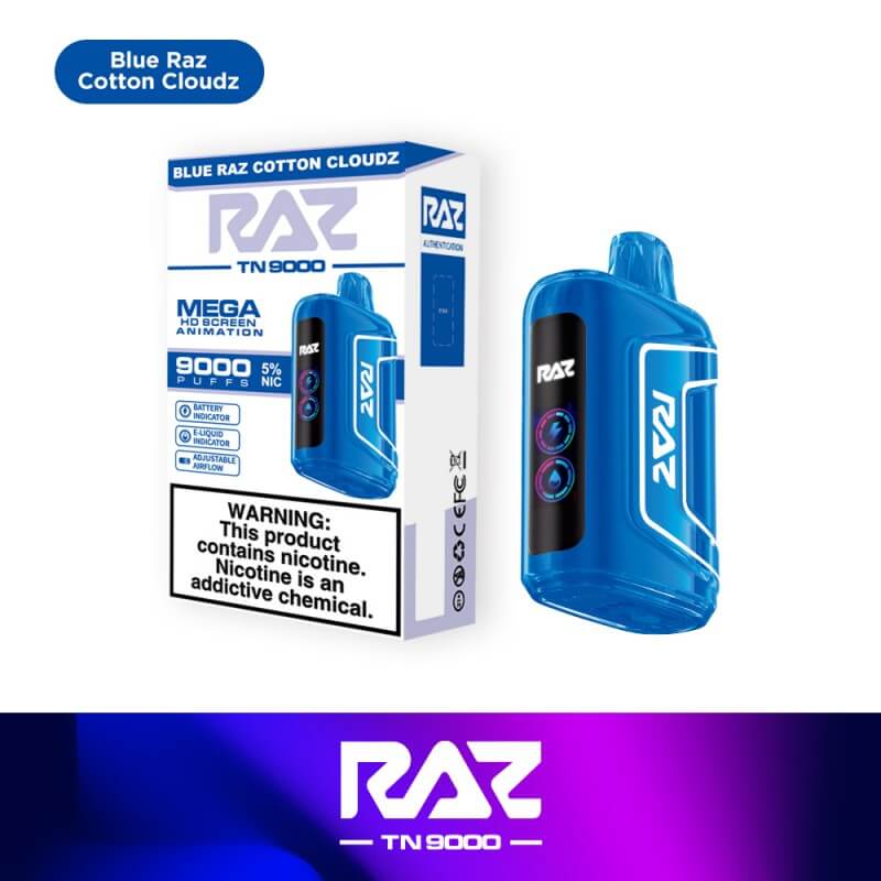 Raz TN9000 Disposable Vape in Blue Raz Cotton Cloudz flavor, featuring 9000 puffs and 5% nicotine strength.