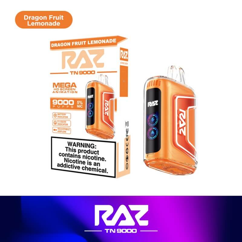 Raz TN9000 Disposable Vape in Dragon Fruit Lemonade flavor, featuring 9000 puffs and 5% nicotine strength.