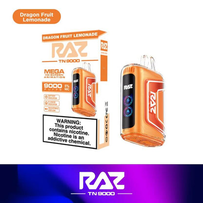 Raz TN9000 Disposable Vape in Dragon Fruit Lemonade flavor, featuring 9000 puffs and 5% nicotine strength.