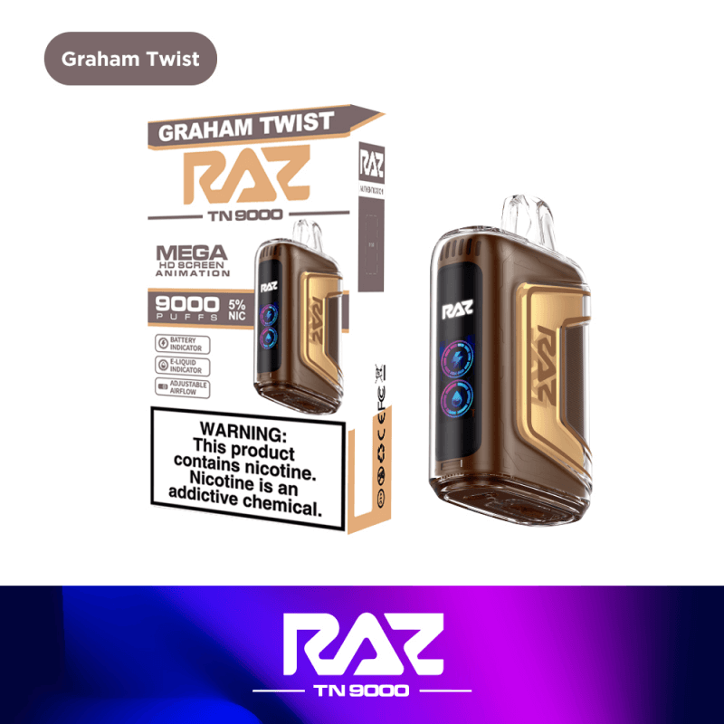 Raz TN9000 Graham Twist disposable vape, 9000 puffs, 5% nicotine, stylish design.