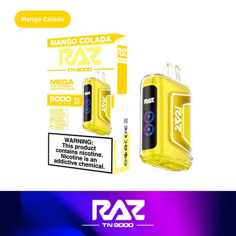 Raz TN9000 disposable vape in Mango Colada flavor with 9000 puffs and nicotine warning label.